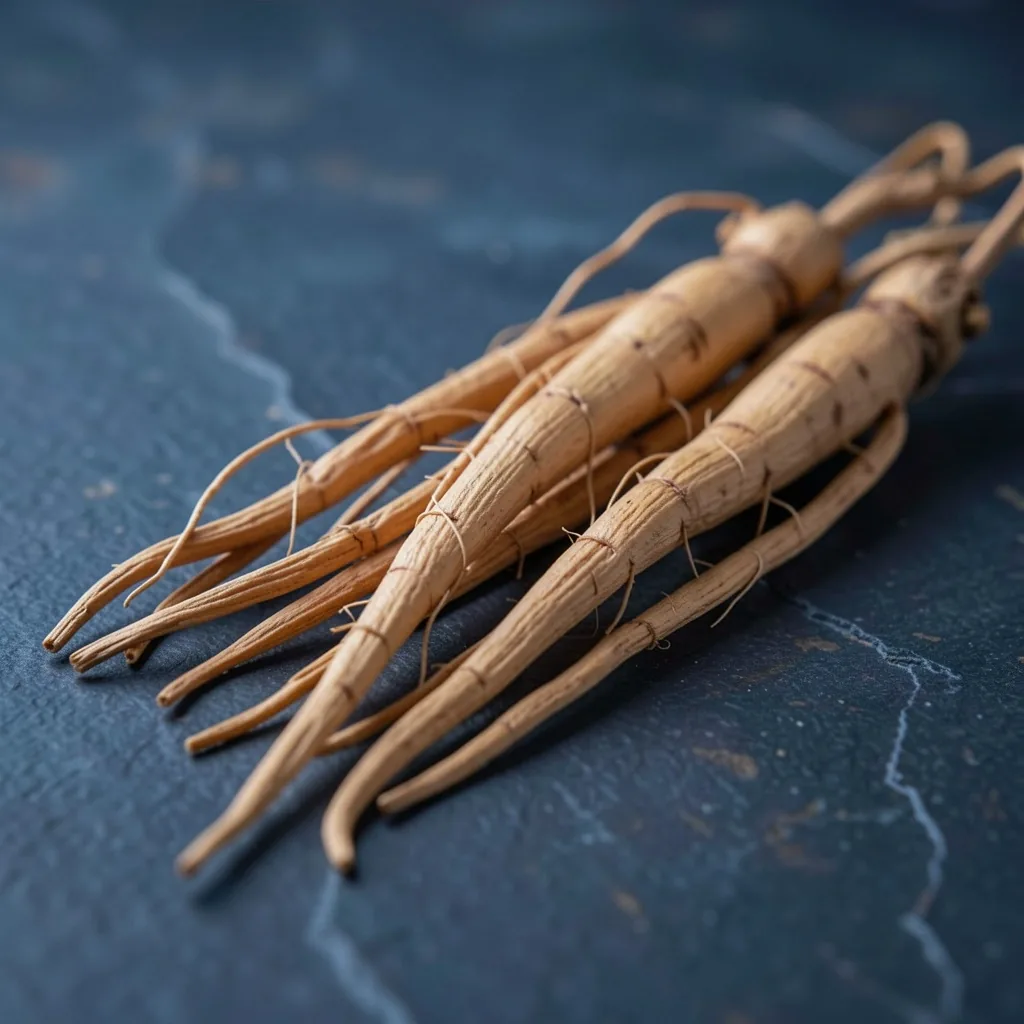 Dried ginseng roots arranged on dark stone surface