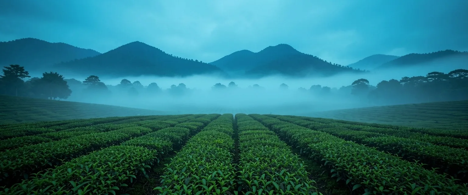 Green tea plantation at dawn