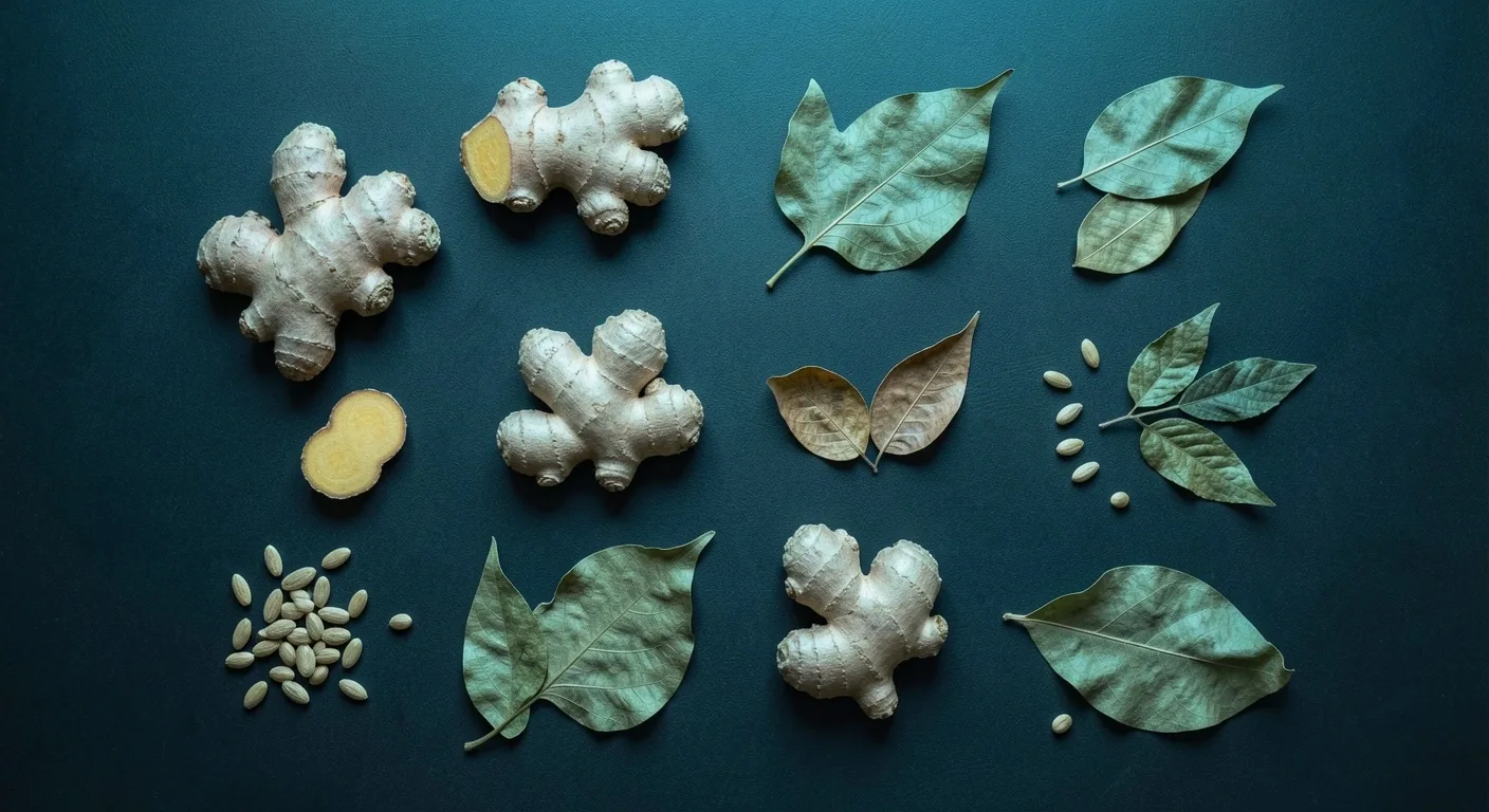 Assorted botanical ingredients on dark surface