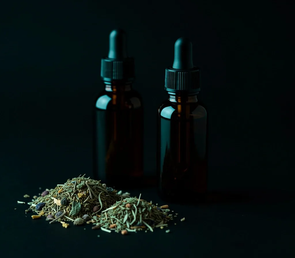 Glass dropper bottles and dried herbs