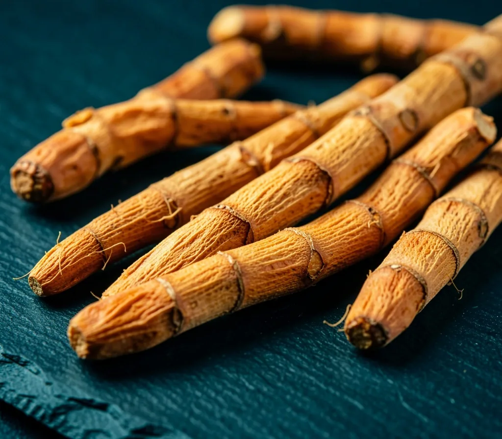 Dried turmeric roots on slate